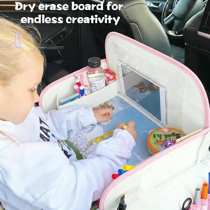 MENZOKE Kids Travel Tray for Toddler Car Seat, Toddler Travel Activities for Girl with iPad Holder Stand & Storage Pockets, Road Trip Essentials Accessories Lap Tray as Birthday Gift, Beige & Pink