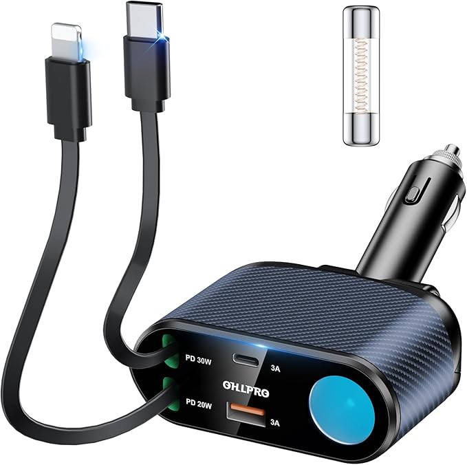 OHLPRO Retractable Car Charger Cigarette Lighter Adapter, 168W 5 in 1 Fast Phone Charging Built-in Replaceable Fuse, Socket Splitter with USB C and USB i Cord, Fit for Phone iPad Galaxy GPS, Blue