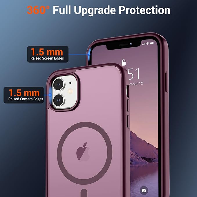 SUPFINE Magnetic for iPhone 12 Mini Case & iPhone 13 Mini Case with Screen Protector (Compatible with MagSafe) (Military Grade Drop Protection) Translucent Matte Shockproof Phone Cover,Wine Red