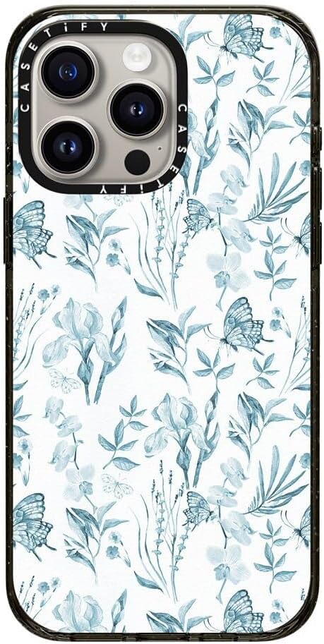 CASETiFY Impact iPhone 15 Pro Max Case [Slim/Compatible with Magsafe / 8.2 ft. 4X Military Grade Drop Protection] - Elegant Pastel Blue Vintage Butterfly Floral - Clear Black