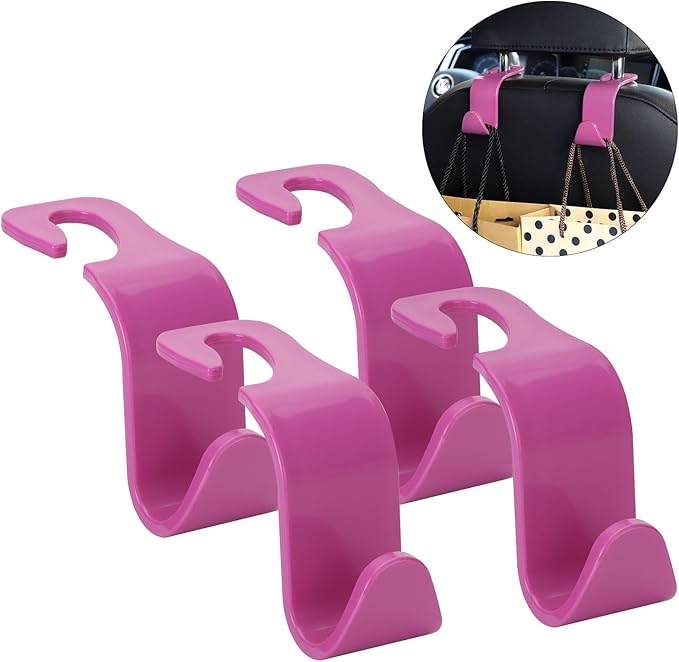 Soleebee 4 Pack Car Headrest Hooks - Universal Auto Hooks, Back Seat Hangers, Storage Organizer (Hot Pink)
