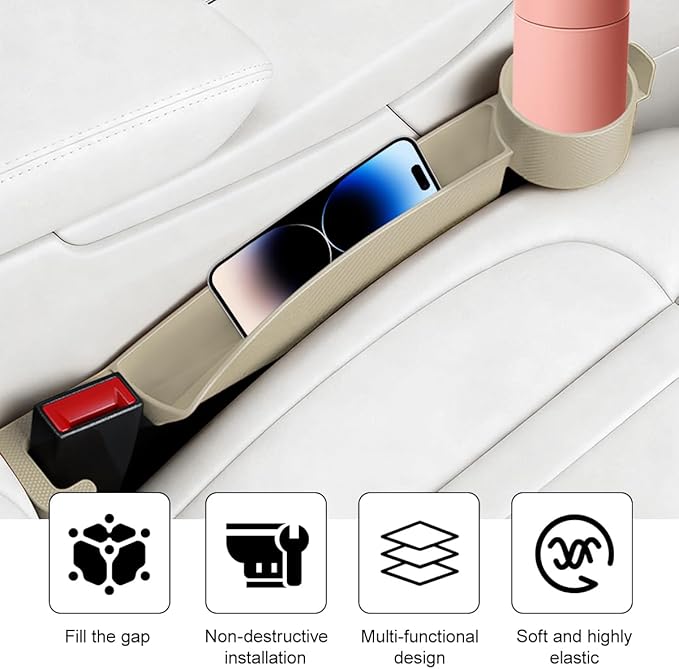 2PCS Car Seat Gap Filler, Dual Slot Carbon Fiber Vehicle Side Seat Gap Organizer Strip with Cup Holder, Auto Console Guard Spacer Stop Things from Dropping, Universal Fit (Beige)