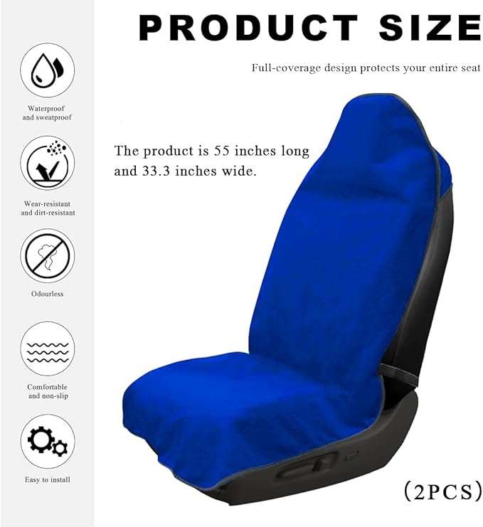 2PCS Car Towel Seat Cover, Waterproof Sweating Non-Slip Premium Soft Towel Carseat Protector, Universal Machine Washable Car Truck SUV Front Seat Cover for Gym Workout Beach Hiking (Blue)