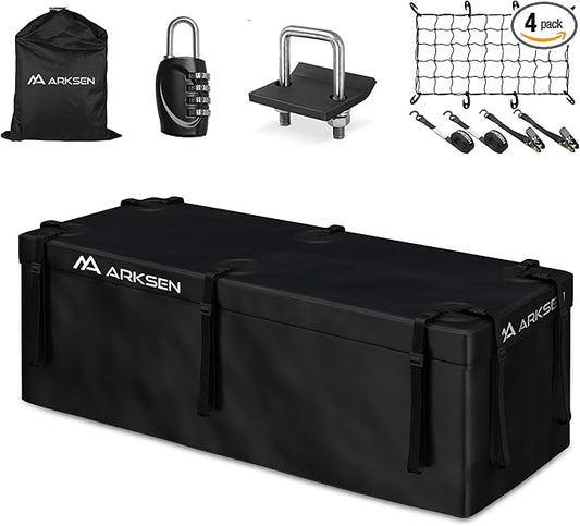 ARKSEN Waterproof Hitch Cargo Carrier Bag with Combination Lock for Truck SUV RV Trailer- Include Net, Heavy Duty Stainless Steel Hitch Tightener, Anti-Rattle Stabilizer, 2 pcs 19.7Ft Straps