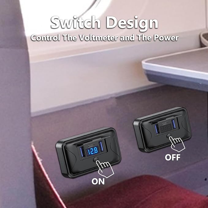 12V USB Outlet,72W Panel Wall Mount Fast Charging Car Charger,Multi Port Car USB Charger Adapter with LED Voltmeter and Switch,for Marine Boat RV Truck