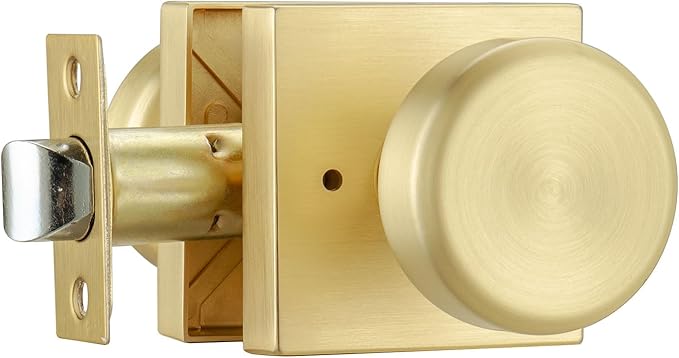 Brushed Gold Door Knobs with Square Rosette, Interior Door Handles for Bath & Bed with Push Lock