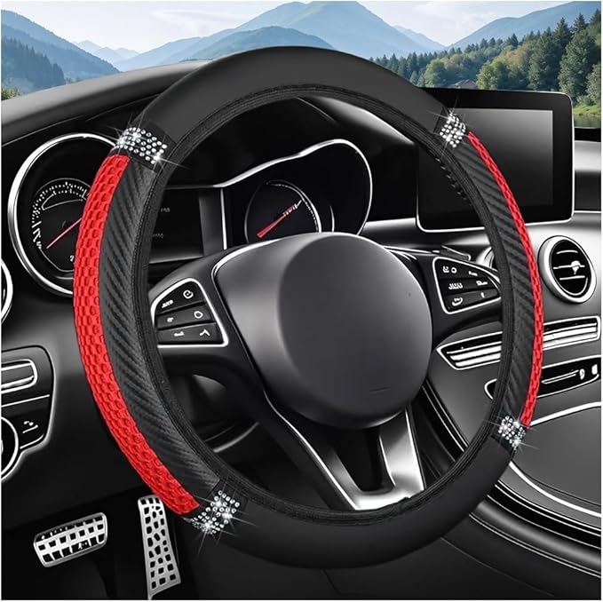 Bling Car Steering Wheel Cover, 15 Inch Elastic Stretch Crystal Rhinestone Vehicle Steering Wheel Protector, Anti-Slip Auto Interior Protective Cover, Universal for SUV RV Truck (Red)