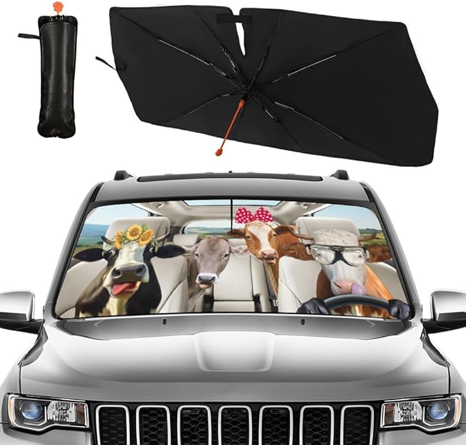 CHILLTEK Funny Animal Car Windshield Sun Shade, Cute Cow Car Sun Shade, Block UV Rays Heat Foldable Windshield Umbrella Sun Visor Protector - Keep Vehicle Cool for Cars SUV