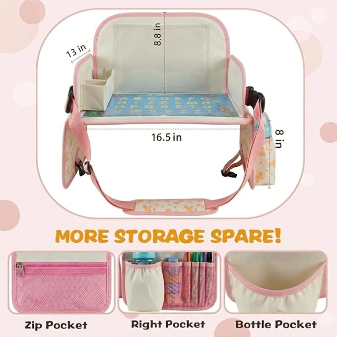 MENZOKE Kids Travel Tray for Toddler Car Seat, Toddler Travel Activities for Girl with iPad Holder Stand & Storage Pockets, Road Trip Essentials Accessories Lap Tray as Birthday Gift, Beige & Pink