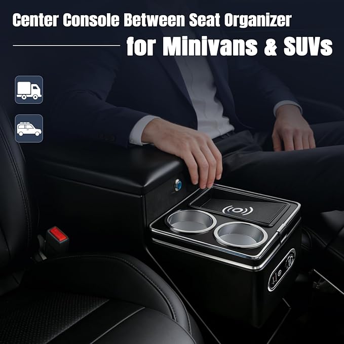 Vehicle Center Console Organizer with 7-Color Ambient Light & 10W Wireless Charging - Lockable Storage & Dual Cup Holders for Minivans, SUVs & Vans 10.24 inch Wide