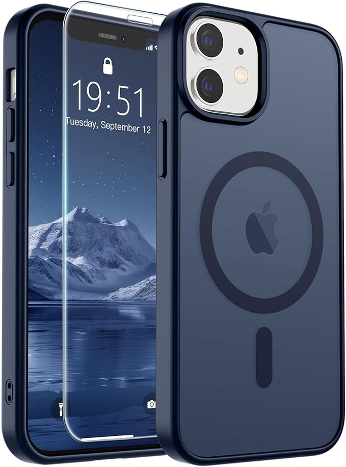 SUPFINE Magnetic for iPhone 12 Case/iPhone 12 Pro Case with Screen Protector (Compatible with MagSafe)(Military Grade Drop Protection) Translucent Matte Shockproof Phone Cover,Dark Blue