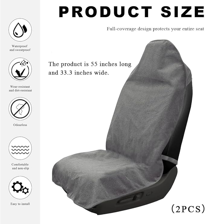 2PCS Car Towel Seat Cover, Waterproof Sweating Non-Slip Premium Soft Towel Carseat Protector, Universal Machine Washable Car Truck SUV Front Seat Cover for Gym Workout Beach Hiking (Gray)