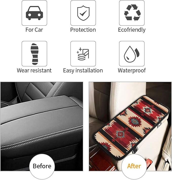 Aztec Boho Western Car Center Console Cushion Pad Southwestern Ethnic Native American Arm Rest Protector Anti-Scratch Car Center Console Lid Cover, Red