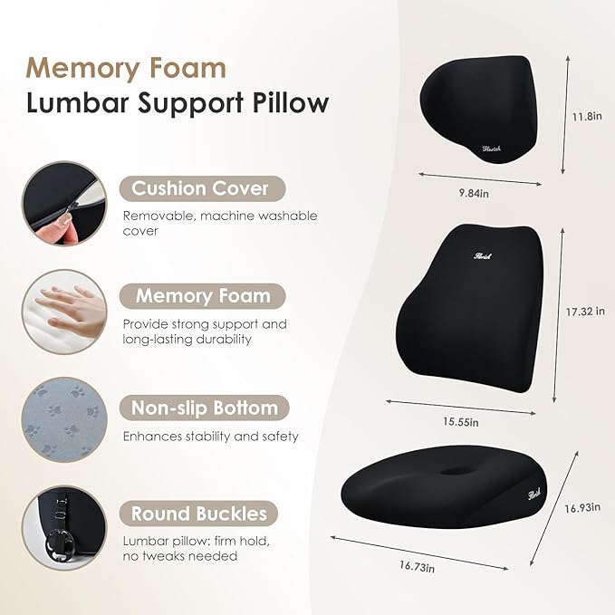 FLORICH Car Seat Cushion & Lumbar Support Pillow & Car Neck Pillow, Ergonomic Memory Foam Driving Seat Cushions for Back & Sciatica Pain Relief, Non-Slip Cushion for Car, Office Chair,Wheelchair-Black