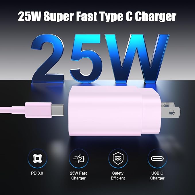 Essri Type C Charger Fast Charging for Samsung Galaxy S25/S24/S23/S22/Note 20,4Pack 25W Super USB C Fast Charger Block with (6ft+10ft) x2 Cables for iPhone 15/16 Pro Max/Plus, Android Phones-Pink