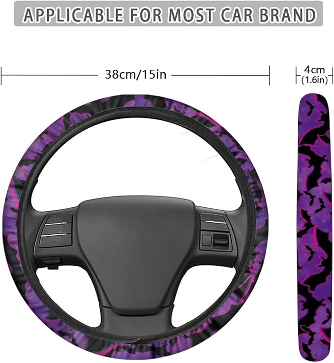 SEANATIVE Purple Bat Car Steering Wheel Cover, Anti-Slip, Safety, Soft, Breathable, Universal Car Steering Wheel Dust Cover, Easy to Disassemble