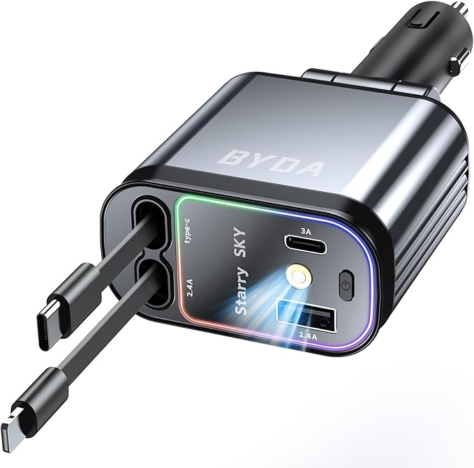 4 in 1 Retractable Car Charger with Starry Light,69W Cigarette Lighter Charger,USB C Fast Car Charger for iPhone 17 Pro Max 16 15 14 13 12 11 (Lightning+USB-C & PurpleLight)