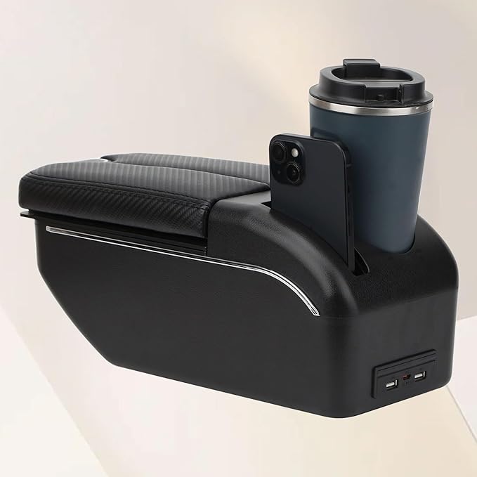 AULPHIKE Compatible with Nissan Note Armrest E-Power Car Center Console Organizer Armrests Double Door Storage with USB Ports（Carbon Fiber Style）