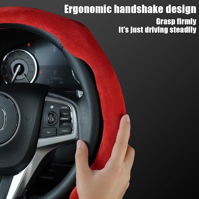 Mandark Car Steering Wheel Cover, Suede Sport Vehicle Steer Wheel Protector Fitting 15 Inch, Non-Slip Comfortable Automotive Interior Decoration Accessories, Universal for Most Cars (Red)