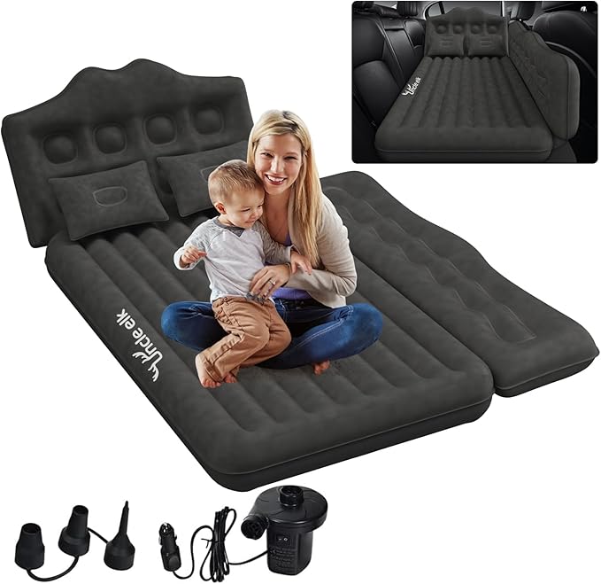 Car Air Mattress Bed: Inflatable Back Seat Air Mattress for Car, Thick Camping Sleeping Pads with 2 Pillows & Air Pumps, Fits Sedan/Truck/SUV, Black