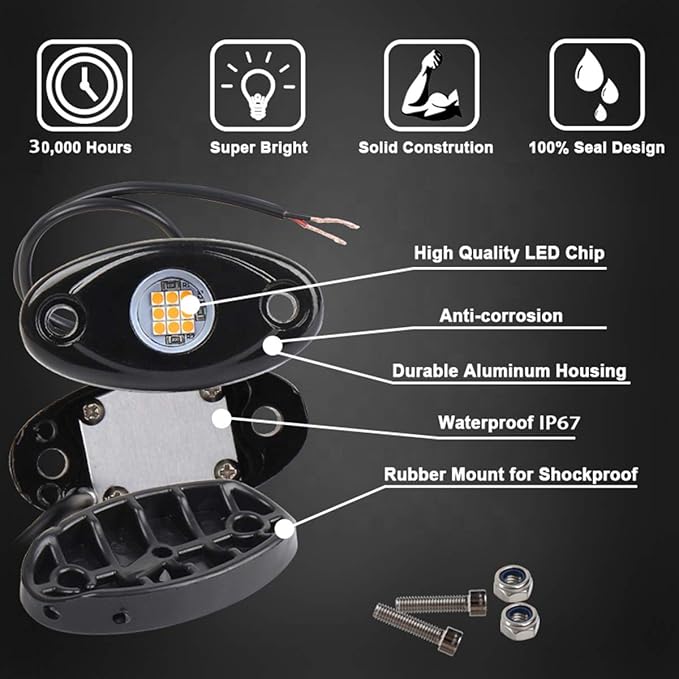 Yellow LED Rock Lights, 4 Pods Neon 12V Waterproof Underglow Underbody Kit Crawler Crawling Dome Exterior Wheel Lights for ATV RZR UTV SUV Off-Road Auto Boat Motorcycle Glow Trail Rig Fender Lamp
