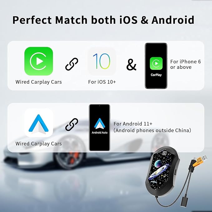Wireless Android Auto & CarPlay Adapter, Plug and Play, No Lag, USB Type-A & C Support with Charging Port, Mini 3 in 1 Wireless Adapter Compatible with Cars with Wired CarPlay/Android Auto
