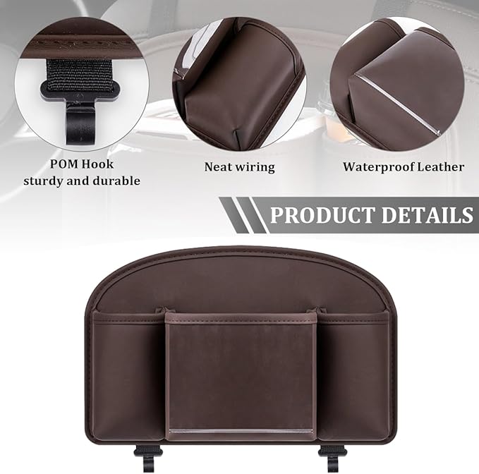 Car Back Seat Organizer, Leather 4-in-1 Seat Back Hanging Storage Bag with Tissue Box, 2 Cup Holder & Hook, Multi-Purpose Backseat Organizer Pocket for Hold Phone Drink, Universal Fit (Brown)