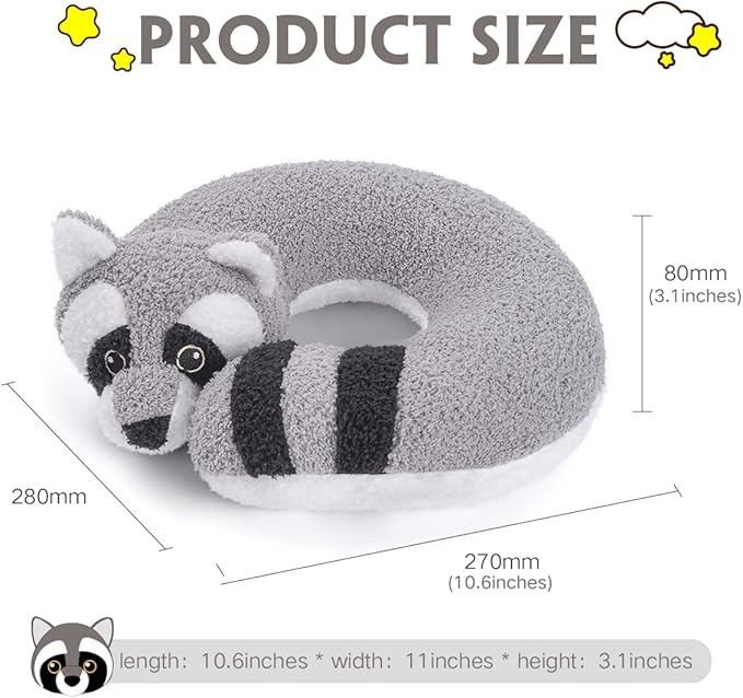 H HOMEWINS Travel Pillow for Kids,Cute Animal Neck Pillow for Boys Girls,Soft Neck Head Chin Support Pillow,Travel Accessories for Airplane, Car, Train,Recline(Raccoon)