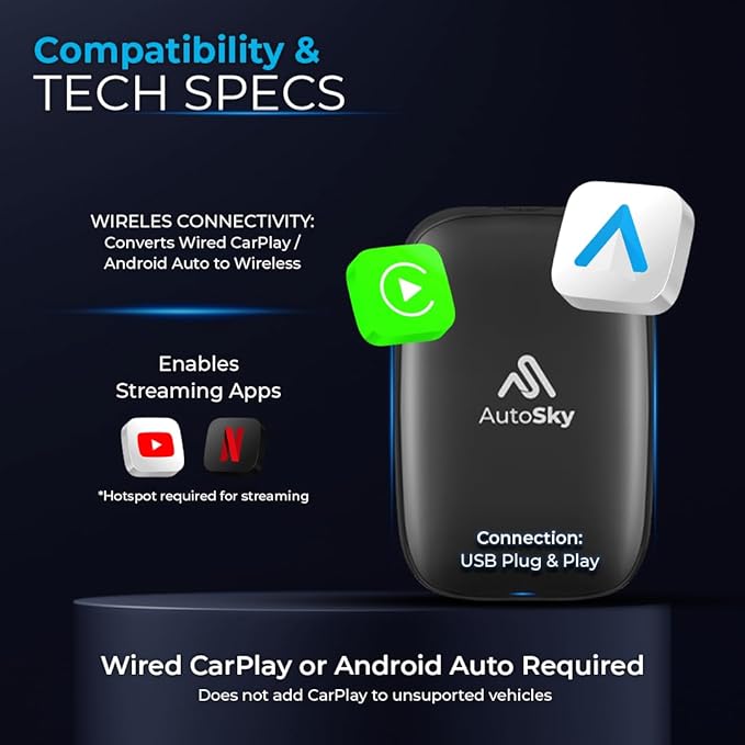 AutoSky AI Box Lite Air – Wireless Adapter for Factory CarPlay – Stream Personal Media & Online Apps via Phone Hotspot – Fast Plug & Play Performance – Works with Authorized Accounts