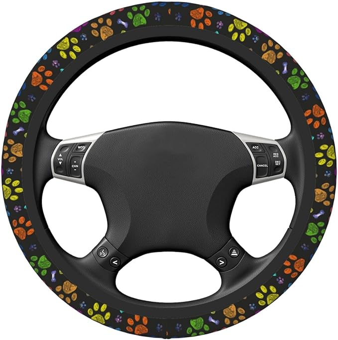 Dog Paw Print Steering Wheel Cover Women Men Elastic Stretch Soft Car Wheel Protector Universal Breathable No-Slip Car Accessories for Truck Van SUV Auto Fit 14-15 Inches