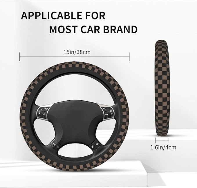 Checkered Black Brown Steering Wheel Cover Black Brown Checkered Steering Wheel Cover Anti-Slip Breathable Universal for 15 Inch Car with 2 Pieces Car Coasters Suitable