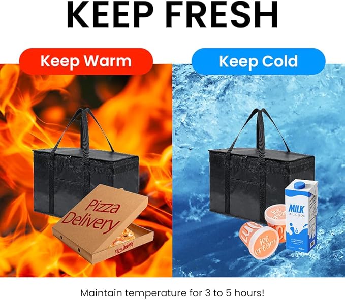 NZ home Insulated Bags for Food Delivery (2XL PRO) Grocery Shopping Cooler Bag, Pizza Delivery, Hot & Cold Catering Tote, Reusable, Foldable & Heavy Duty (2 Pack, Black)