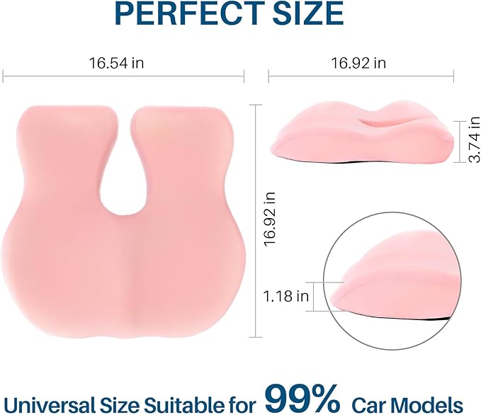 Memory Foam Car Seat Cushion for Driving, Sciatica Pain Relief, Wedge Truck Seat Cushion for Long Sitting, Adult Booster Cushion for Car, Truck, Desk, or Wheelchair (Pink)