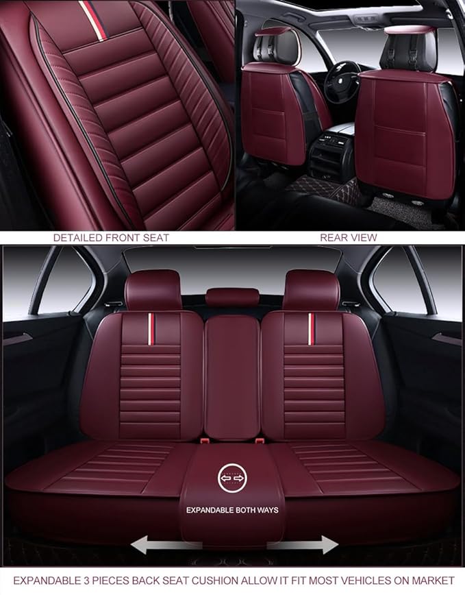 OASIS AUTO Car Seat Covers Full Set Premium Waterproof Faux Leather Cushion Universal Accessories Fit SUV Truck Sedan Automotive Vehicle Auto Interior Protector (OS-001 Burgundy)