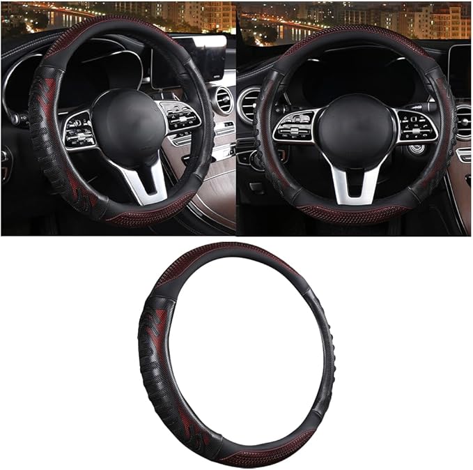 BELOMI Car Steering Wheel Cover, Breathable Leather Vehicle Steer Wheel Protective Guard with 3D Honeycomb Hole, Anti-Slip Steer Wheel Protector, Universal Automotive Accessories (Red)