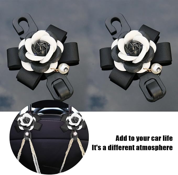Car Seat Headrest Hook, 2PCS Cute Flower Vehicle Backseat Organizer Hanger for Purse Grocery Bag Coat, Auto Interior Hanging Decor Accessories, Universal for SUV Sedan Truck (Black/White)