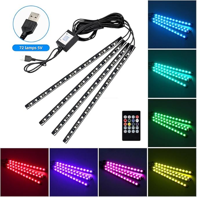 USB Adapter Light Strip, Car Neon Decorative Light, Car Ambient Lighting Kit, 8 Color Belt Remote Control, Interior Light, Music Synchronization Mode, Pickup and SUVS, 4 Light Strips, 5V