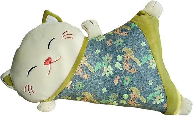 Lucky Cat Pillow Seat Cushion Detachable Belt Waist Cushion Lumbar Support Cushion for Car, Green