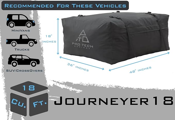 Journeyer - 18 Cubic Feet Weatherproof Rooftop Cargo Carrier for Top of Vehicle, Attaches with or Without Roof Rack 48" L x 36" W x 18" H