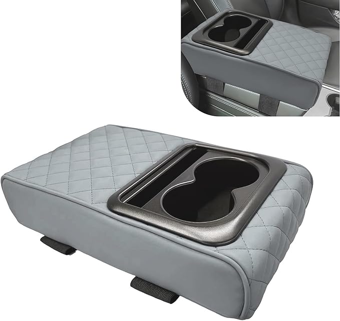 Car Center Console Armrest Pillow, 14"×8.3" Leather Memory Foam Armrest Cushion with Cup Holder & Phone Holder, Waterproof & Anti-Scratch Arm Rest Protector, Universal for Most Cars (Gray)