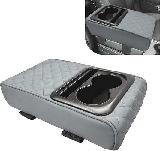 Car Center Console Armrest Pillow, 14"×8.3" Leather Memory Foam Armrest Cushion with Cup Holder & Phone Holder, Waterproof & Anti-Scratch Arm Rest Protector, Universal for Most Cars (Gray)