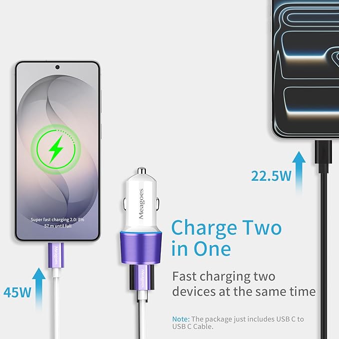 67.5W Purple Car Charger USB C Super Fast Charging, 45W USBC&QC3.0 Port Plug for iPhone 17 Pro Max/Air/16/15/iPad, Samsung S26 Android Cell Phone, Dual 12V Cigarette Lighter Adapter+3.3ft Type C Cable
