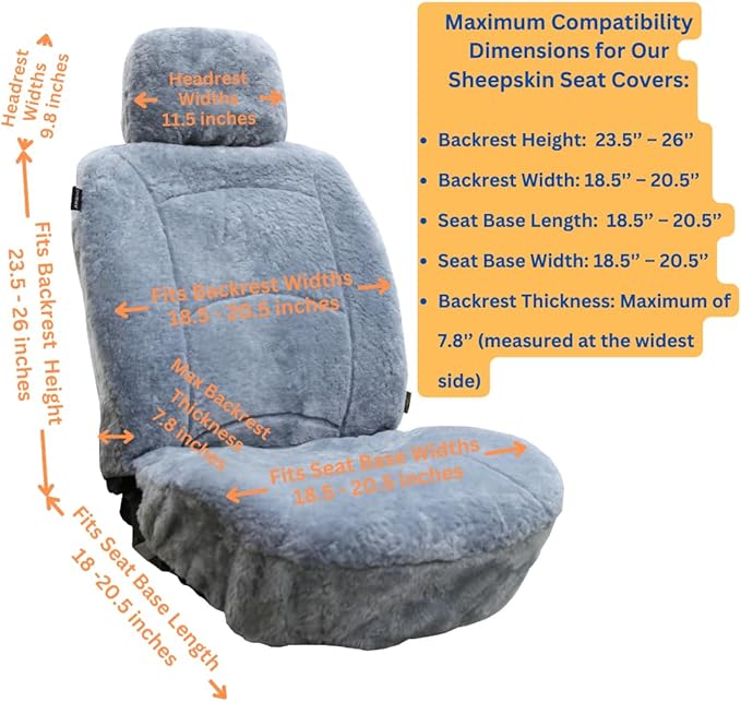Genuine Sheepskin Seat Cover Lambskin Seat Cover Winter Car Seat Cover Lambs Wool Sheep Skin Fuzzy Shearling Car Accessories Front with Curve Patten (Light Gray Color)