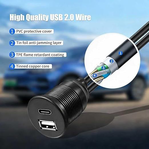 Dual Port USB A/C 2.0 Male to USB A/C 2.0 Female Extension Cable,Flush Mount Waterproof Panel Cable for Car,Truck,Boat,Motorcycle Dashboard 3.3ft