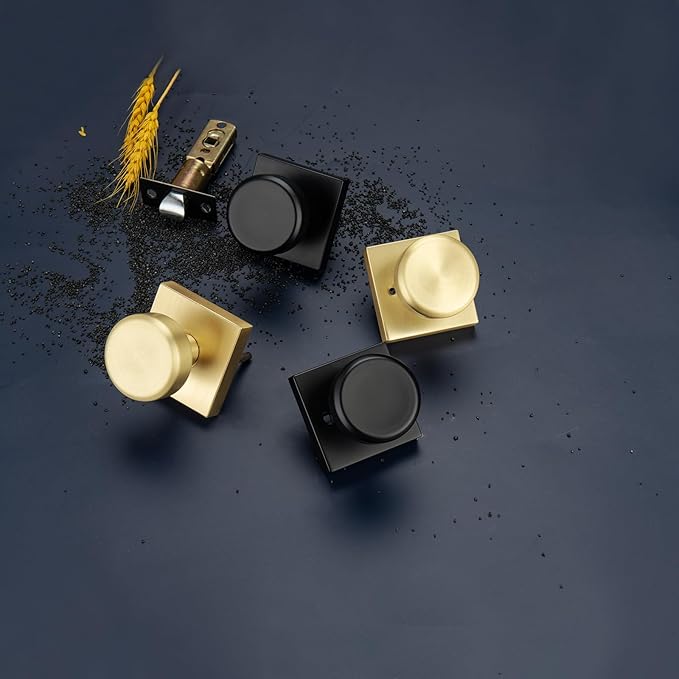 Brushed Gold Door Knobs with Square Rosette, Interior Door Handles for Bath & Bed with Push Lock