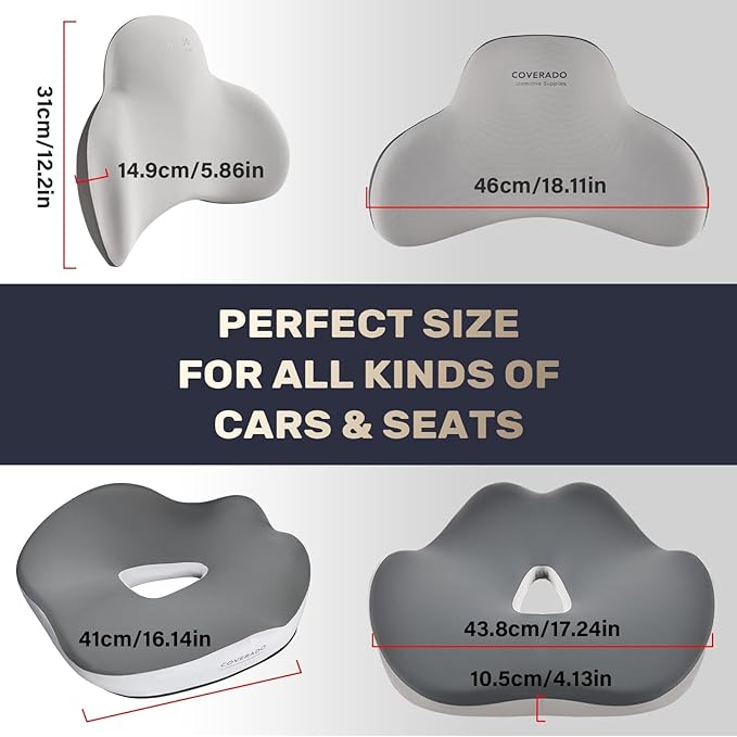 Coverado Car Seat Cushion and Lumbar Support Pillow, Memory Foam Ergonomic Back Support Driving Seat Cushion for Sciatica, Tailbone, Back Pain, Non-Slip Washable Cushion for Car, Driver, Office