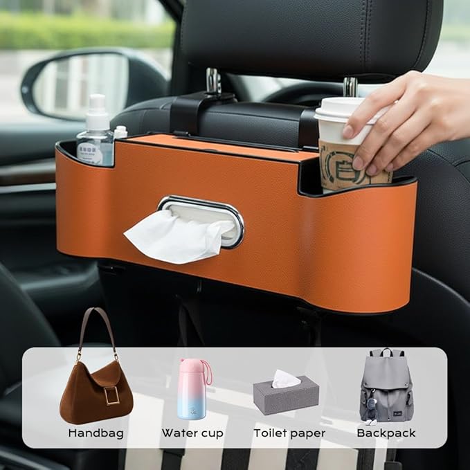 Back Seat Car Organizer with Cup Holder, 2026 New Backseat Car Organizer Back Seat, Multifunctional Car Seat Back Organizer Storage Box with Hooks & Tissue Box, for Drinks, Phone & Handbags (Brown)