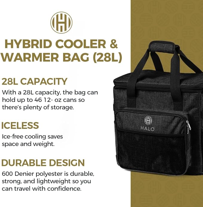 Halo 28L Hybrid Cooler & Warmer Bag | Electric Travel Cooler, Collapsible for Easy Storage, Keep Drinks Cold & Food Warm, Ice Free Cooling, Includes Shoulder Strap, DC Power Cord & AC Adapter