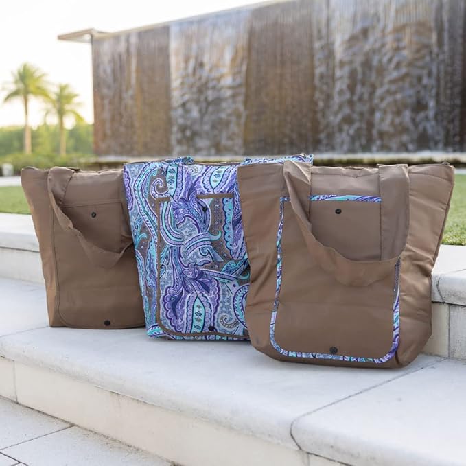 Sachi 3 Piece Market Tote Set Insulated Thermal Reusable Grocery Bags for Cold and Hot Foods Lightweight, Portable and Foldable Brown Damask Paisley