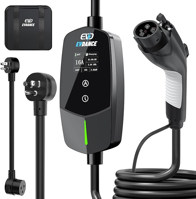 EVDANCE Level 1 & 2 EV Charger, 16A 110-240V Portable Electric Car Charger with 25ft Cable, Adjustable Current, Delayed Start, LED Screen, Universal EV Charger Compatible with All J1772 EVs